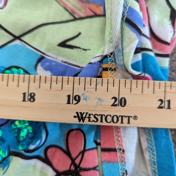 LULU-B floral bird print sequin cotton multicolor Tshirt batwing size Small - Picture 9 of 11